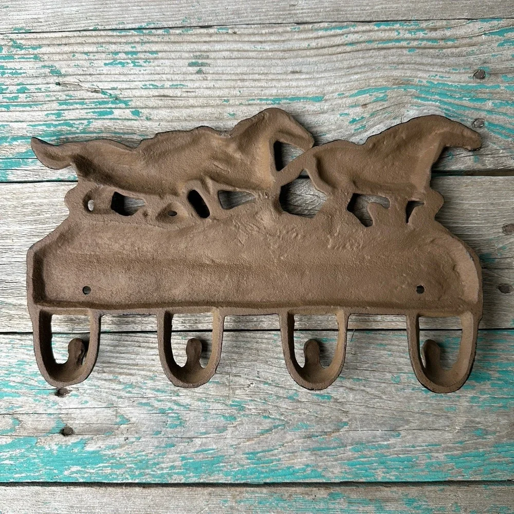 VTG Running Horses Rustic Cast Iron‎ Coat Hanger 11 Inch Wall Hooks Key Rack
